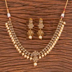 Gold Rodium Polish Gold, White and Off White color Necklace in Brass studded with Beads, Cubic Zirconia