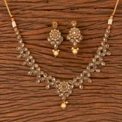 Gold Rodium Polish Gold, White and Off White color Necklace in Brass studded with Beads, Cubic Zirconia