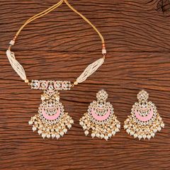 Gold Rodium Polish Gold, White and Off White color Necklace in Brass studded with Beads, Cubic Zirconia