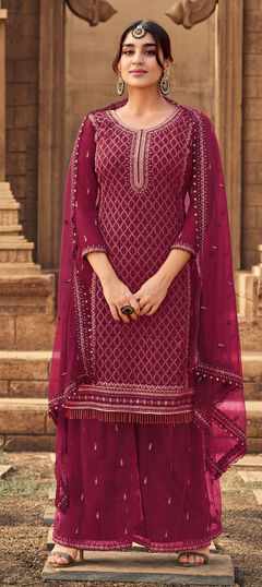 Purple and Violet color Salwar Kameez in Georgette fabric with Embroidered, Thread work