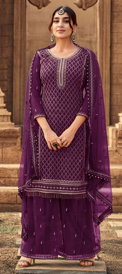 Purple and Violet color Salwar Kameez in Georgette fabric with Embroidered, Thread work