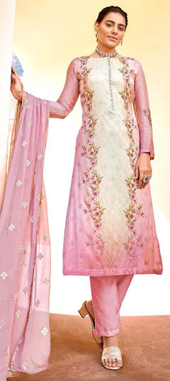 Pink and Majenta, White and Off White color Salwar Kameez in Chiffon fabric with Digital Print, Embroidered, Stone, Swarovski work
