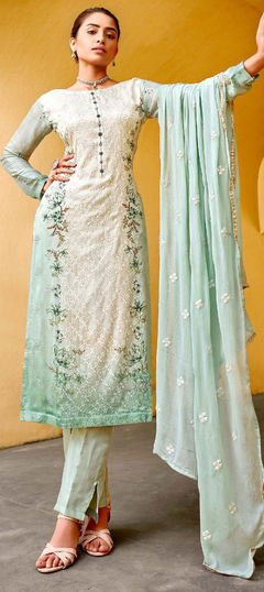Green, White and Off White color Salwar Kameez in Chiffon fabric with Digital Print, Embroidered, Stone, Swarovski work