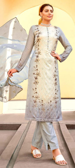Black and Grey, White and Off White color Salwar Kameez in Chiffon fabric with Digital Print, Embroidered, Stone, Swarovski work