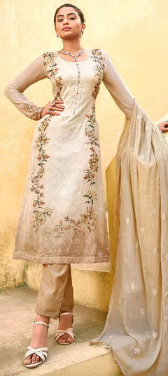 Beige and Brown color Salwar Kameez in Chiffon fabric with Digital Print, Embroidered, Stone, Swarovski work
