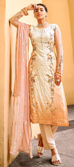 Pink and Majenta, White and Off White color Salwar Kameez in Chiffon fabric with Digital Print, Embroidered, Stone, Swarovski work