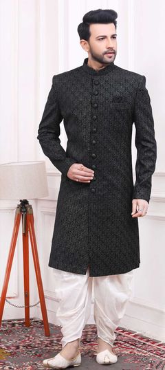 Black and Grey color Dhoti Sherwani in Art Silk fabric with Embroidered, Resham, Thread work