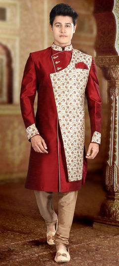 Red and Maroon, White and Off White color IndoWestern Dress in Art Silk fabric with Resham, Sequence, Thread, Zari work