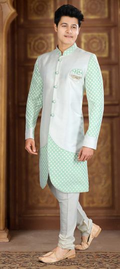 Green, Silver color IndoWestern Dress in Art Silk fabric with Embroidered, Resham, Thread work