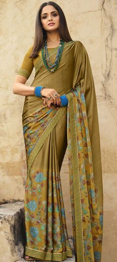 Green color Saree in Georgette fabric with Border, Floral, Printed work