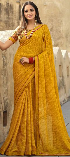 Yellow color Saree in Georgette fabric with Bandhej, Border, Printed work