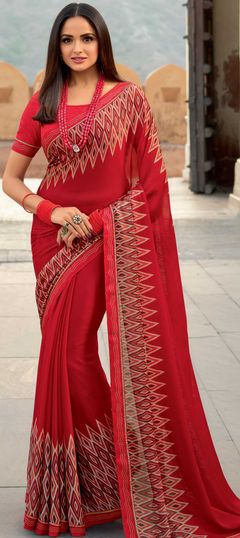 Red and Maroon color Saree in Faux Georgette fabric with Border, Printed work