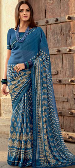 Blue color Saree in Faux Georgette fabric with Floral, Printed work