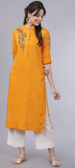 Yellow color Tunic with Bottom in Rayon fabric with Embroidered work