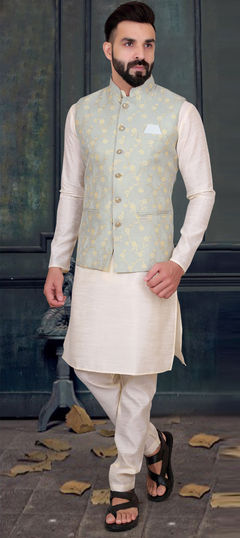 Beige and Brown color Kurta Pyjama with Jacket in Silk fabric with Thread work