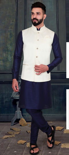 Blue color Kurta Pyjama with Jacket in Silk fabric with Thread work