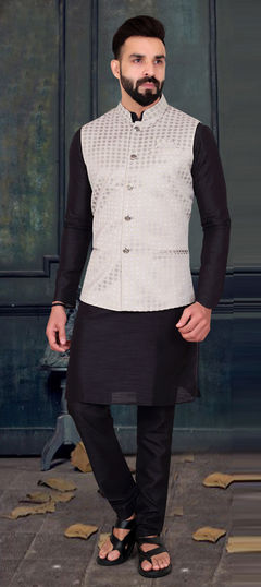 Black and Grey color Kurta Pyjama with Jacket in Silk fabric with Thread work