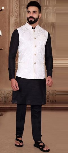 Black and Grey color Kurta Pyjama with Jacket in Silk fabric with Thread work