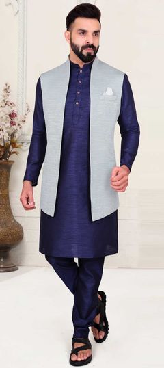 Blue color Kurta Pyjama with Jacket in Silk fabric with Thread work