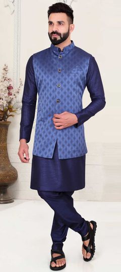 Blue color Kurta Pyjama with Jacket in Silk fabric with Printed work