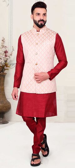 Red and Maroon color Kurta Pyjama with Jacket in Silk fabric with Embroidered, Thread work