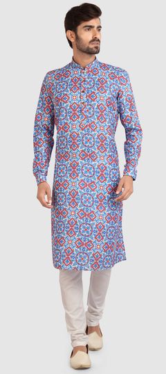 Blue color Kurta Pyjamas in Cotton fabric with Printed work