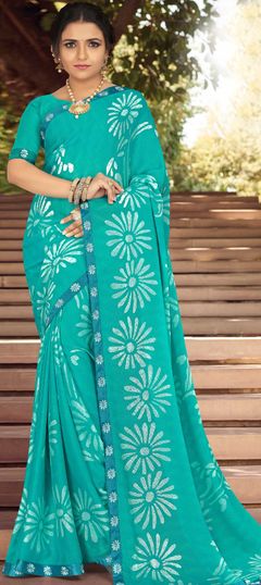 Blue color Saree in Georgette fabric with Embroidered, Lace, Printed, Thread work