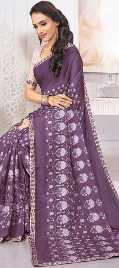 Pink and Majenta color Saree in Georgette fabric with Embroidered, Lace, Printed, Thread work