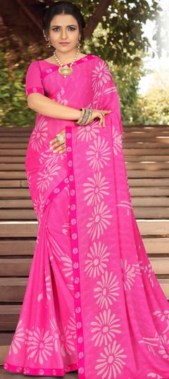 Pink and Majenta color Saree in Georgette fabric with Embroidered, Lace, Printed, Thread work