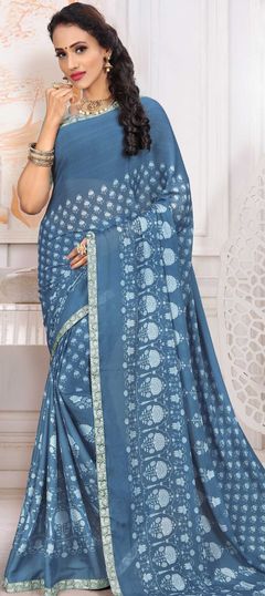 Black and Grey color Saree in Georgette fabric with Embroidered, Lace, Printed, Thread work