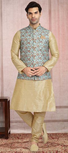 Beige and Brown color Kurta Pyjama with Jacket in Banarasi Silk fabric with Printed work