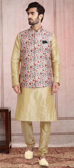 Beige and Brown color Kurta Pyjama with Jacket in Banarasi Silk fabric with Printed work