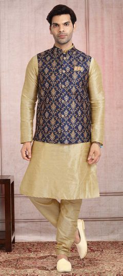 Beige and Brown color Kurta Pyjama with Jacket in Banarasi Silk fabric with Printed work