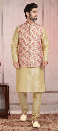 Beige and Brown color Kurta Pyjama with Jacket in Banarasi Silk fabric with Printed work