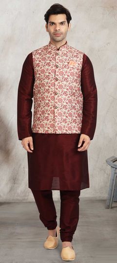 Red and Maroon color Kurta Pyjama with Jacket in Banarasi Silk fabric with Printed work