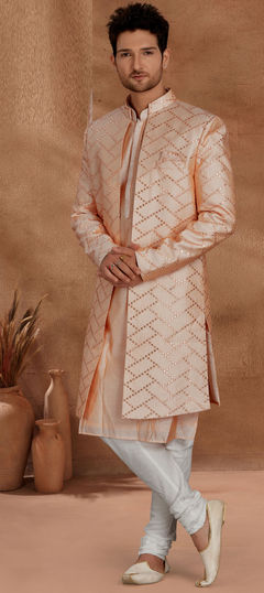 Pink and Majenta color Sherwani in Art Silk fabric with Embroidered, Mirror work