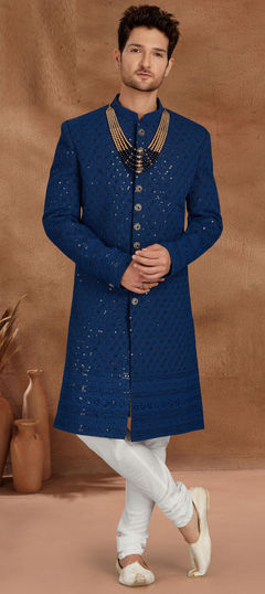 Blue color Sherwani in Georgette fabric with Embroidered, Sequence, Thread work