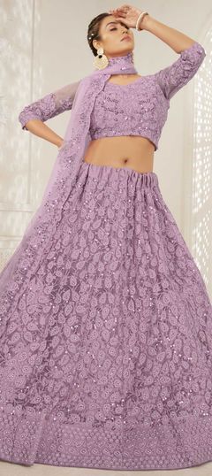 Purple and Violet color Lehenga in Net fabric with Embroidered, Resham, Sequence, Thread work