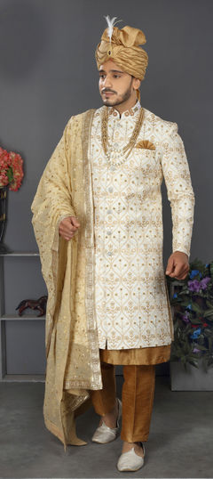 White and Off White color Sherwani in Jacquard fabric with Embroidered, Sequence, Thread work