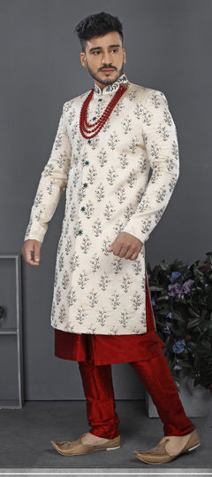 White and Off White color Sherwani in Jacquard fabric with Embroidered, Resham, Thread, Zari work