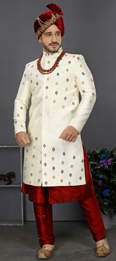 Beige and Brown color Sherwani in Jacquard fabric with Embroidered, Resham, Thread work