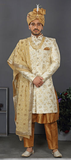 Beige and Brown color Sherwani in Art Silk fabric with Embroidered, Sequence, Thread work