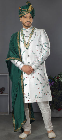 White and Off White color Sherwani in Art Silk fabric with Embroidered, Thread work