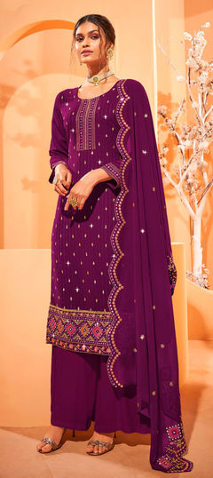 Purple and Violet color Salwar Kameez in Georgette fabric with Embroidered, Mirror, Resham work