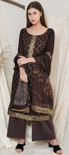 Beige and Brown color Salwar Kameez in Chiffon fabric with Resham, Sequence, Thread work