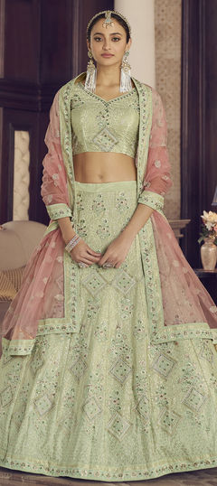 Green color Lehenga in Crepe Silk fabric with Sequence, Thread, Zircon work