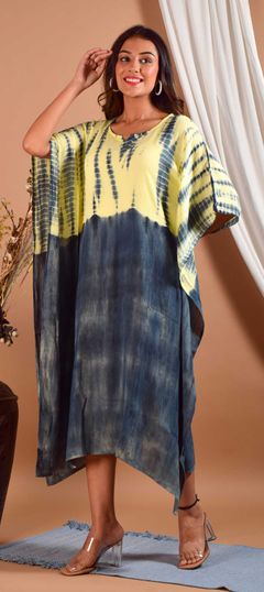 Black and Grey, Yellow color Kaftan in Rayon fabric with Printed, Tye n Dye work