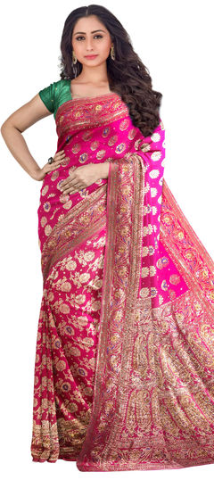 Pink and Majenta color Saree in Kanchipuram Silk, Silk fabric with Embroidered, Stone, Weaving work