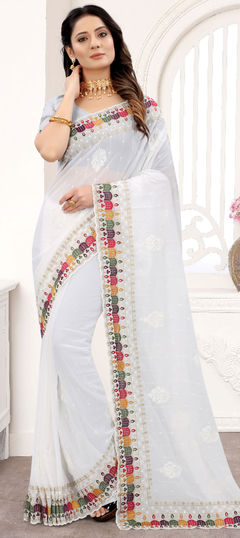 White and Off White color Saree in Georgette fabric with Embroidered, Resham, Sequence, Zari work