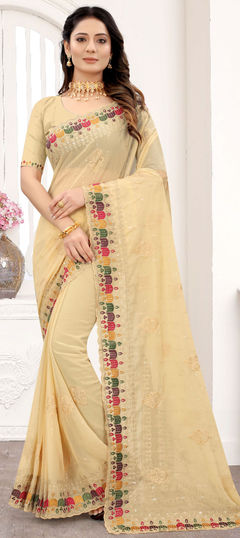 Beige and Brown color Saree in Georgette fabric with Embroidered, Resham, Sequence, Zari work